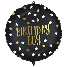 Балон с фолио за рожден ден – с надпис "Birthday Boy", черно-златисти звезди 46см