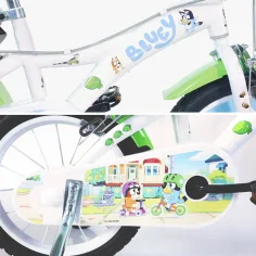 Bluey 14” детски велосипед с държач за бутилка и странични колела в бяло-синьо-зелено – Dino Bikes велосипед изображение 3