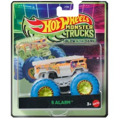 Hot Wheels Monster Trucks: 5 Alarm сини колела, светещи в тъмното малки колички 1/64 – Mattel