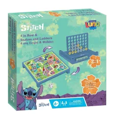 Луна: Disney Stitch 2 в 1 настолна игра - Змии и стълби и 4 в редица